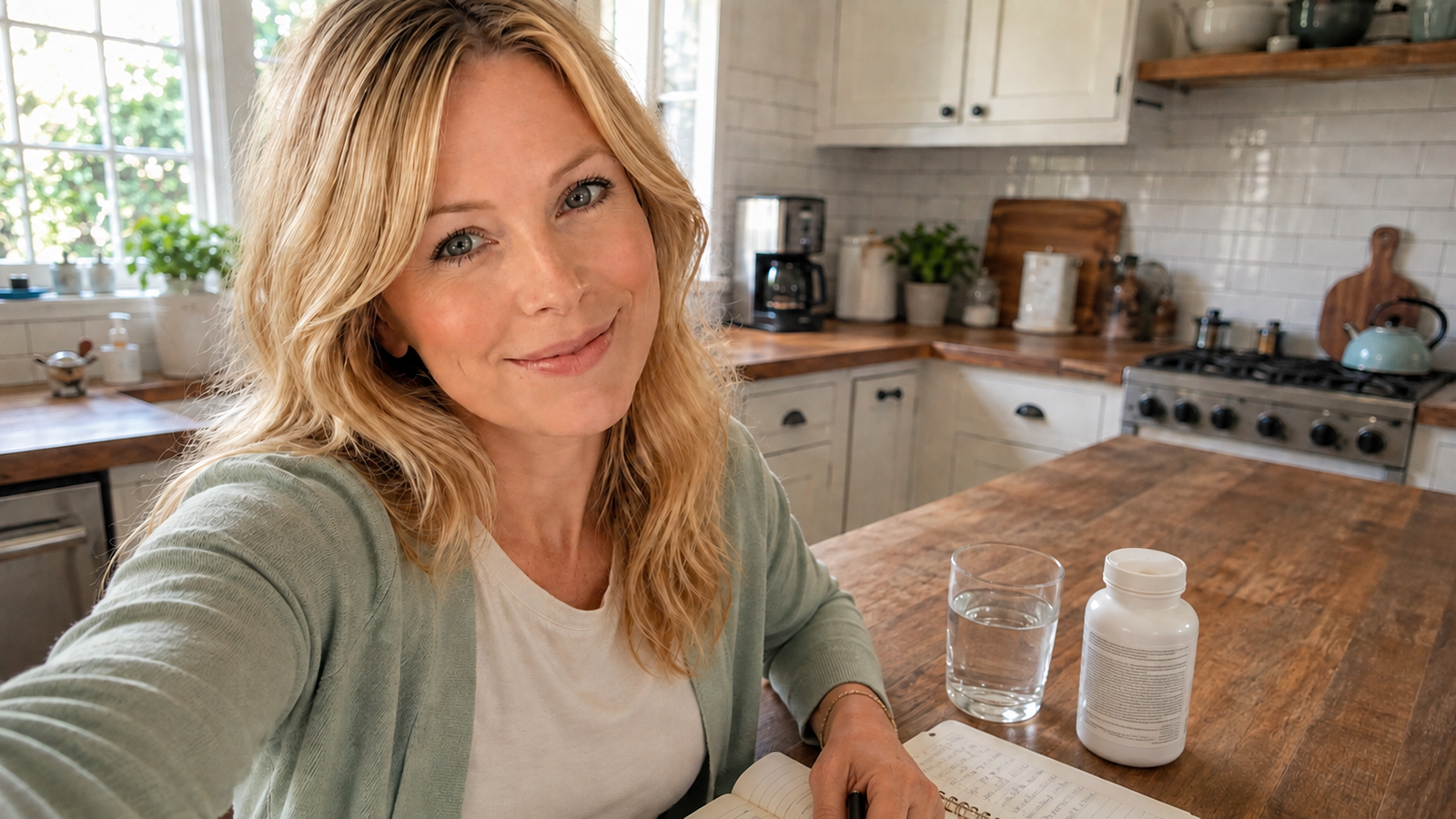 Kate Sullivan at her kitchen counter with a notebook, water and a supplement bottle