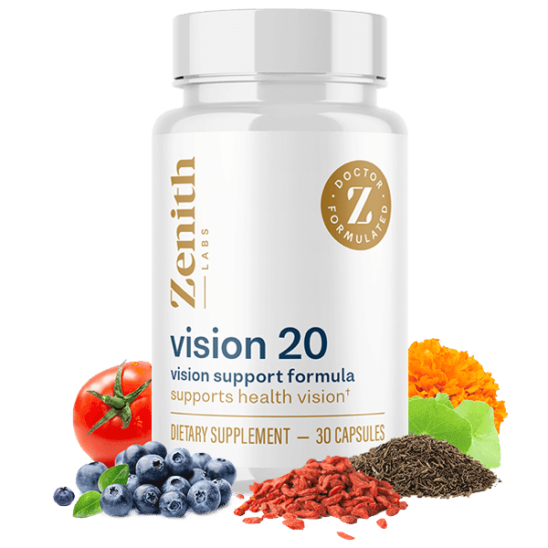 Vision 20 vision support formula bottle and ingredient illustration